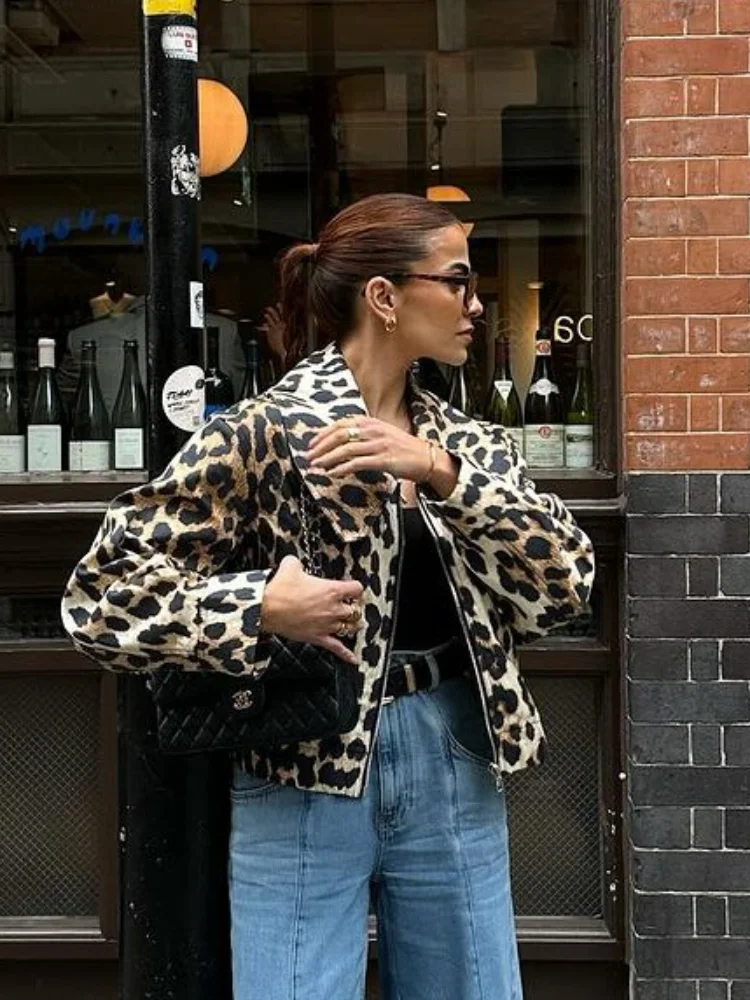 Leopard Print Zipper Casual Women\'s Jacket Fashion Trend Lapel Long Sleeved Pocket Coat Autumn High Street Commute Lady Coats