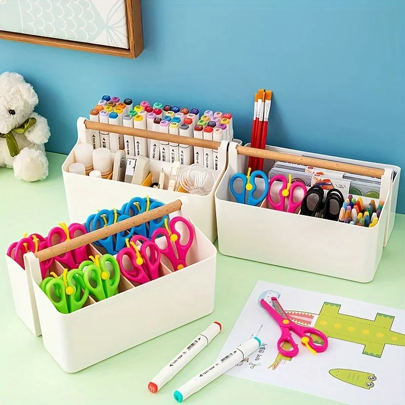 1pc Plastic Marker Pen  Box, Portable Large Capacity Organizer, With Handle & Dividers, Painting Brush Watercolor Pen Pencil Box