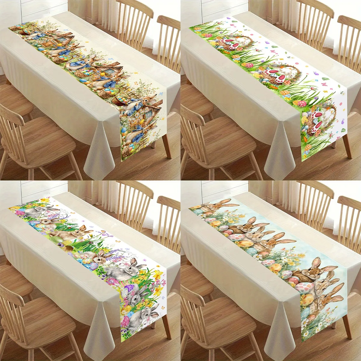 Easter Table Runner 180cm Cute Bunny Egg Printed Table Cover for 6 Seaters Spring Holiday Party Decor Easter Decorations