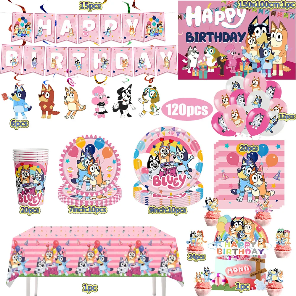 120 pièces/ensemble Nouvelles décorations de fête sur le thème de Bluey rose et bleu, fournitures de fête, vaisselle jetable, ensemble de ballons, fête de bébé, fête d'enfants, jouet