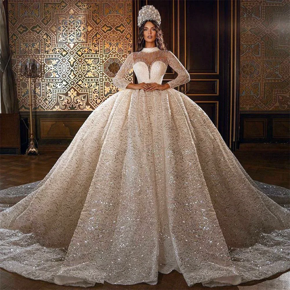 Cathedral Trian Wedding Dresses Luxury Sequined High Neck Bridal Princess Ball Gowns Custom American Wedding Vestidos de novia