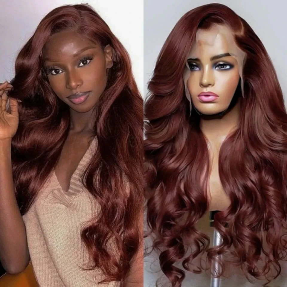 MXWIG Colored Synthetic Lace Front Wig for Women  Reddish Brown Heat Resistant Hair Body Wave Cosplay Fiber Glueless Wigs