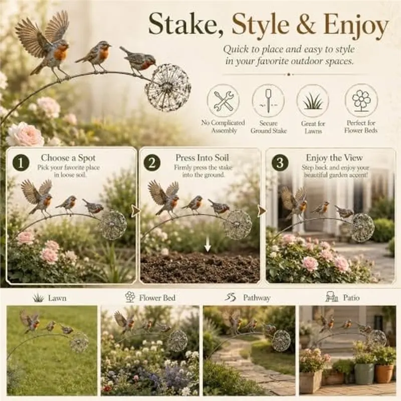 Stake For Lawn For Lawn Patio Robingarden Bird Dandelion Anddandelion Memorial Design Metal Sculpture Handmade Outdoor Yard Art