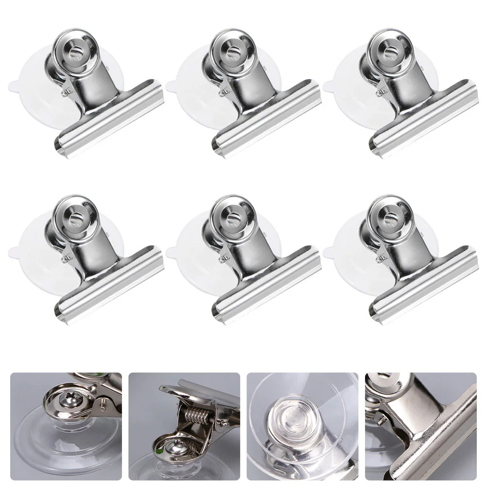 

6 Pcs Suction Cups Clip Stainless Clips with Steel Round Sign Holder Silver Clamp