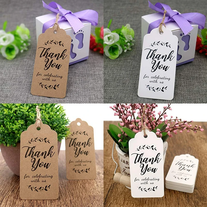 100pcs Kraft Paper Tags DIY Handmade Thank You Hang Label with Rope Wedding Party Christmas Gift Wrapping Decoration Baby Shower