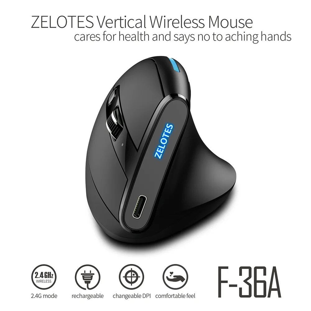 

Zelotes F-36A Ergonomic Gaming Vertical 2.4G Wireless Optical Mouse 6 Button 2400DPI Adj USB Computer Gamer Mice Upright Design