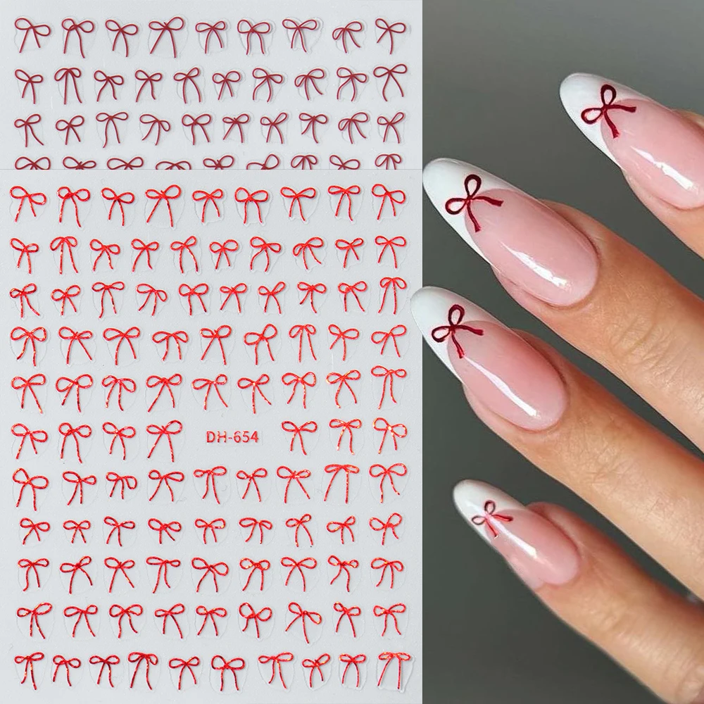 2 szt. Czerwona kokardka naklejki do paznokci naklejki, błyszczące amulety łuk samoprzylepne naklejki projekt ozdoby do paznokci Manicure materiały do paznokci