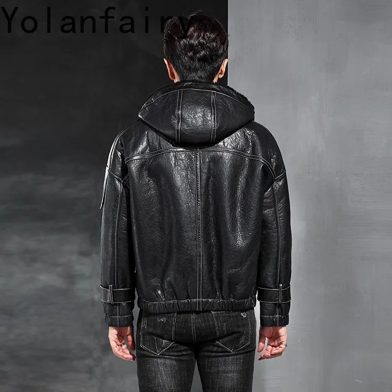 YOLANFAIRY Natural Sheepskin Jacket Mens Real Fur Coat Winter Clothes Leather Jacket with Hood Fleece Jacket Men Бомбер 2024