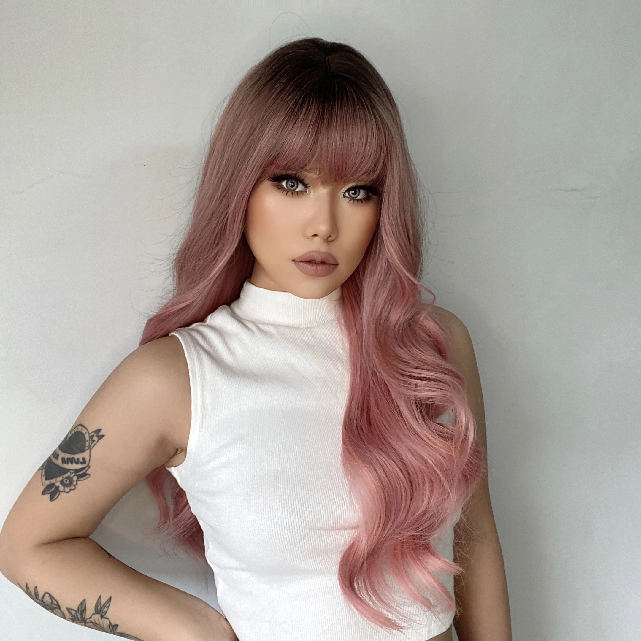 ESIN Pink Ombre Wavy Synthetic Wig for Women Long Body Wavy Wig with Bangs Dark Root Heat Resistant Fake Hair for Cosplay Lolita