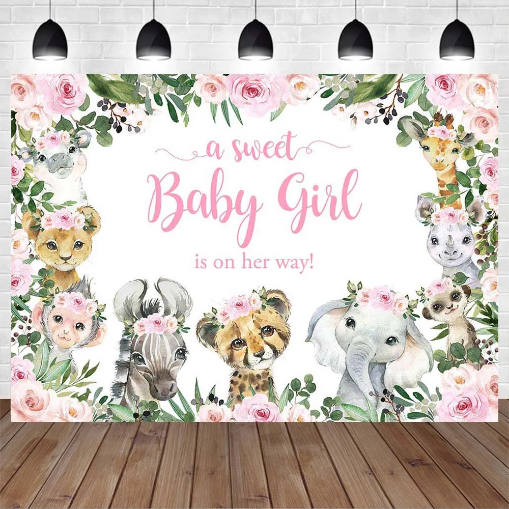 Mocsicka cenário de chá de bebê, uma doce menina está em sua maneira, animais da selva, fundo fotográfico, safari, festa de aniversário, decoração personalizada