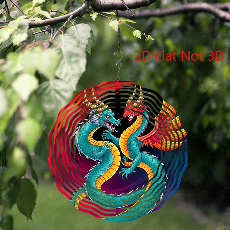 A Ten-Inch Wind Spinner with a Rotating Hook Features a Design of Two Vividly Colored Dragons Against  Whirlpool Background