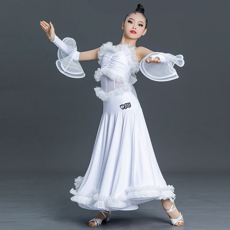 

White Ballroom Dance Dress Girls Competition Costume Tango National Standard Dancing Clothes Kids Prom Waltz Dance Dress VDB6958