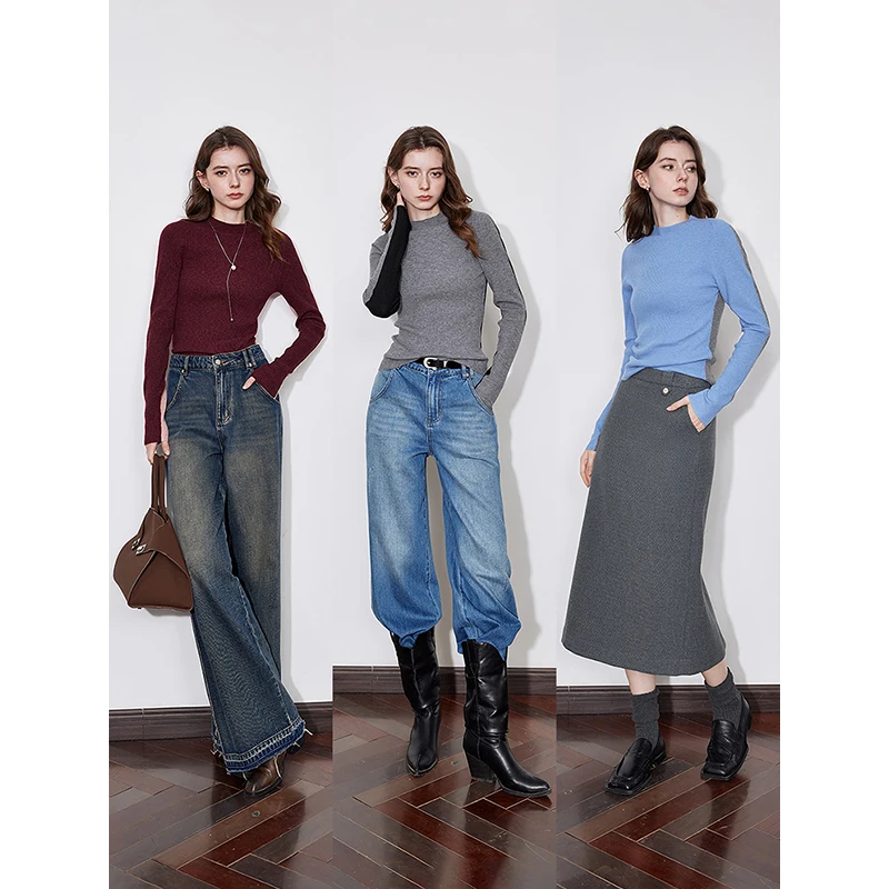 TOYOUTH Sweater rajut wanita, atasan Sweater Pullover sambungan kontras kerah Turtleneck baru musim gugur dan musim dingin 2024