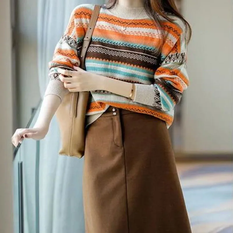 

Vintage Striped Korean Style Women's Sweet Soft Knitted Sweater Autumn Winter Casual Streetwear Pullovers Long Sleeve Top Female