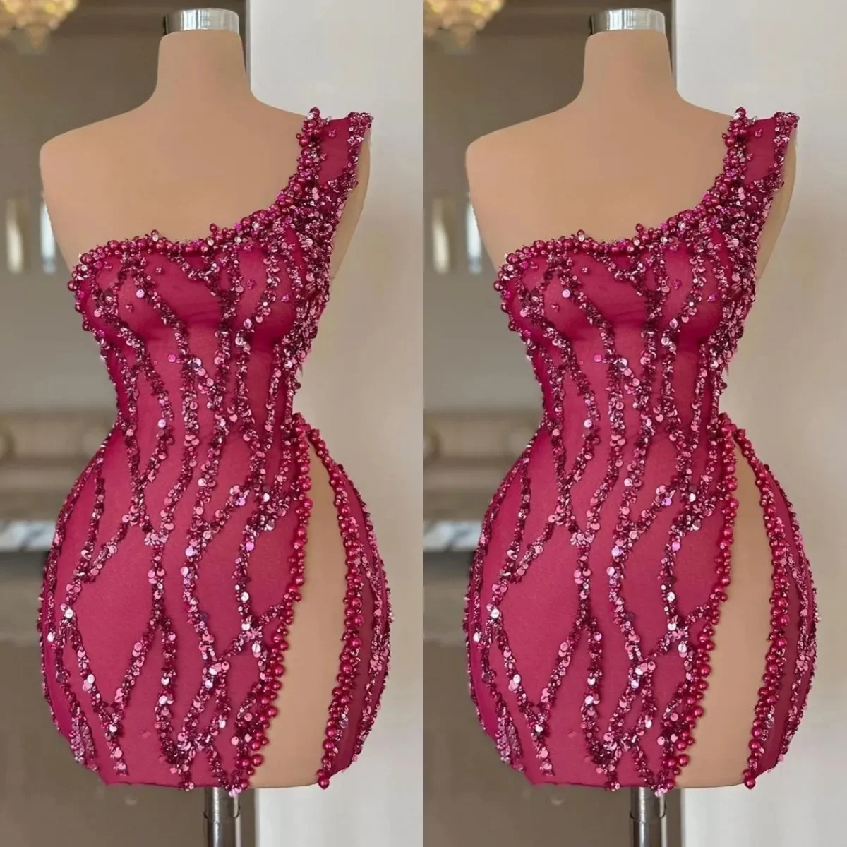 

Роскошное мини-платье с открытой спиной и короткими жемчужными пайетками, коктейльное платье для выпускного вечера, сексуальная сумка на бедрах, вечернее платье с разрезом по бокам на одно плечо