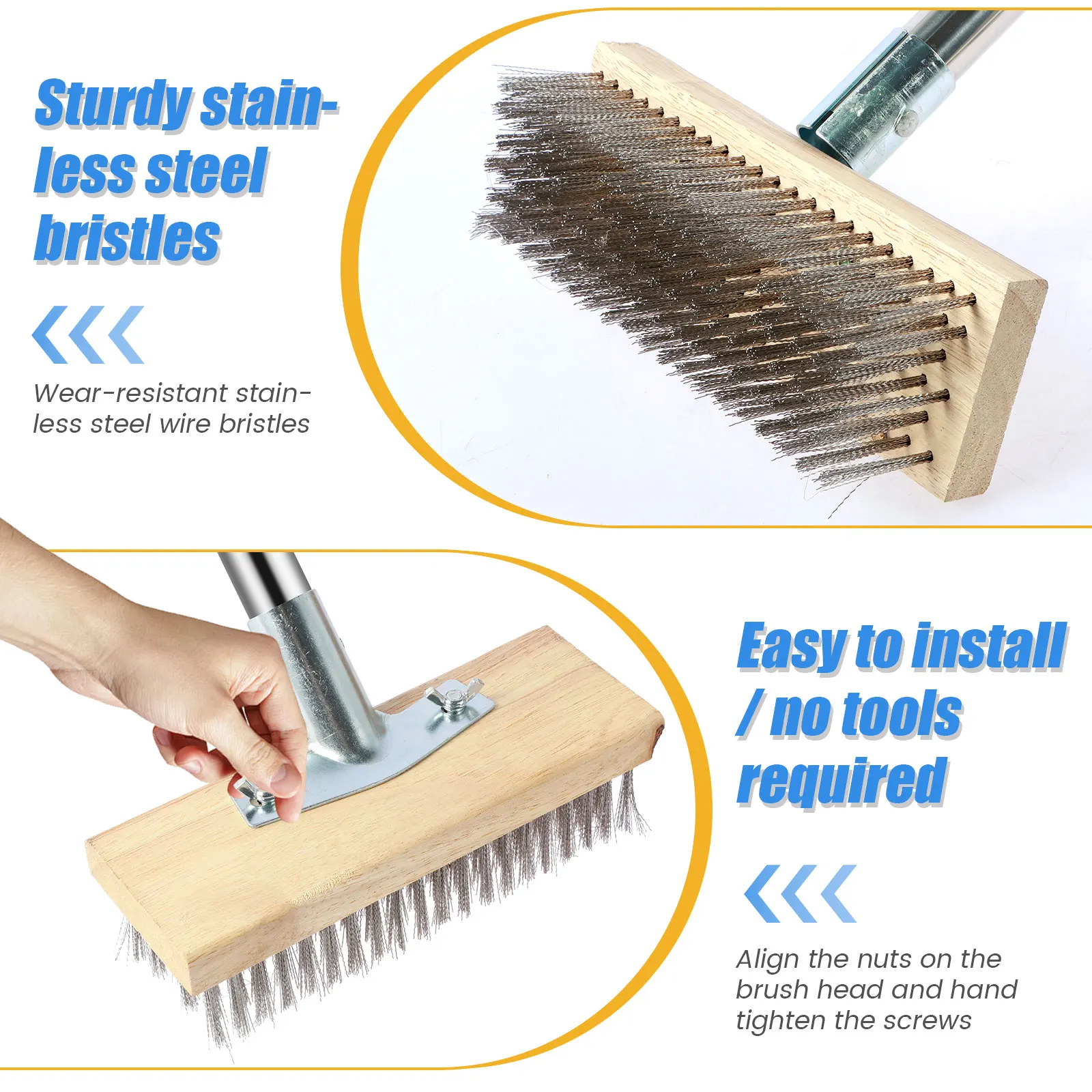 Wire Floor Brush with Detachable Long Handle Stainless Steel Multipurpose Cleaning Brushes for Rough Surface Patio Garden Garage