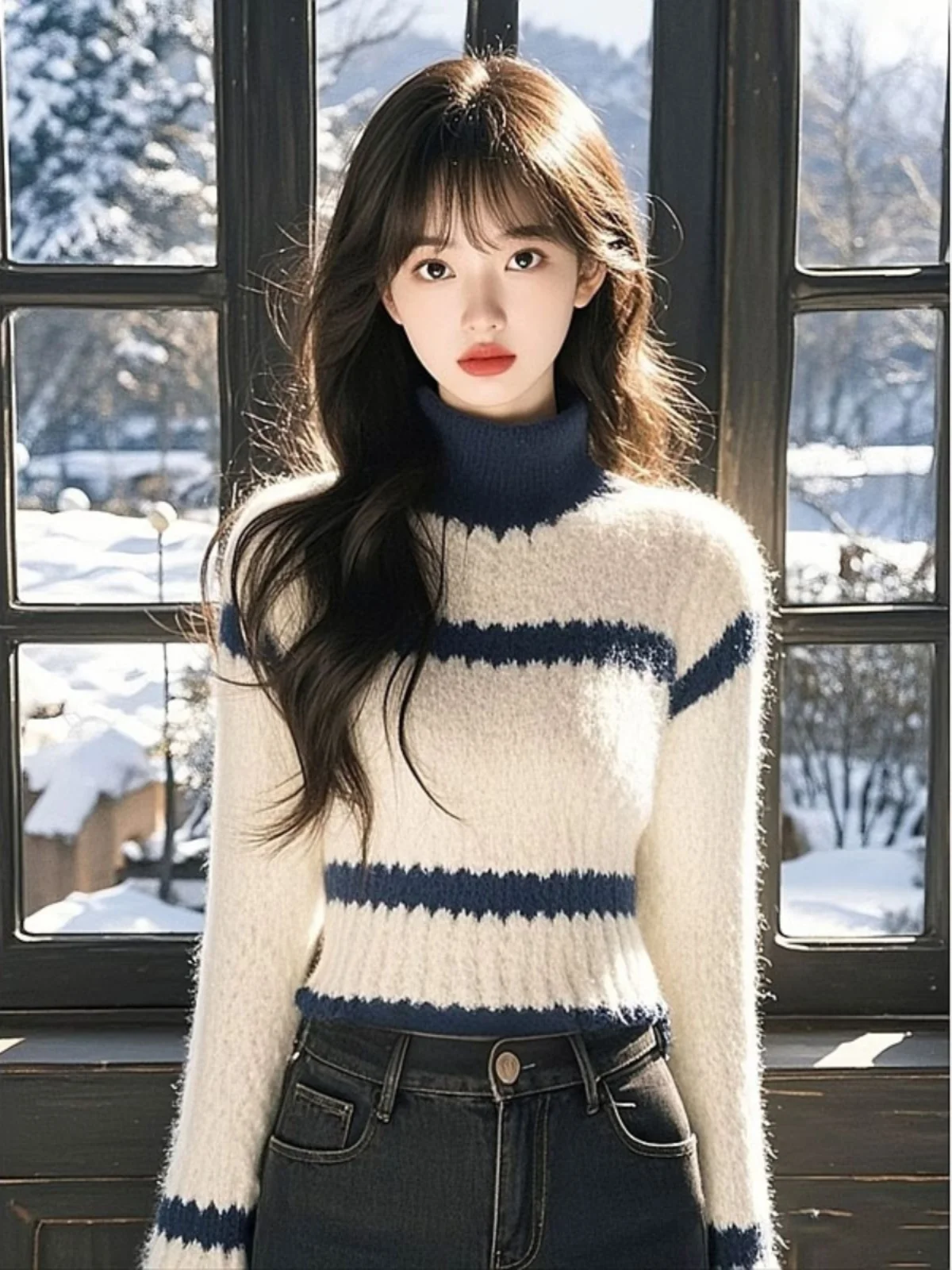 

Spring Lazy Style Striped Bear Velvet Half High Collar Women's Knitwear Short Base Layer Top Autumn Winter Inner Wear
