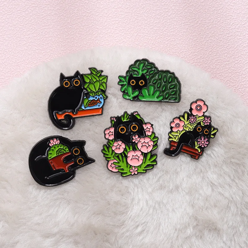 Enamel Pins Custom Floral Kitten Hide-and-seek Brooches Lapel Badges Fun Animal Jewelry Gift for Kids Friends Cats in Plants