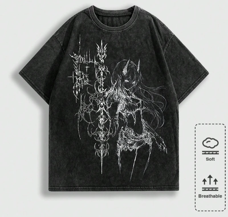 Gothic Sommer Casual Grafik-T-Shirt für Herren, Anime-Design, Wascheffekt, Rundhals, Kurzarm, Modische Sommerkleidung, 2000er-Stil