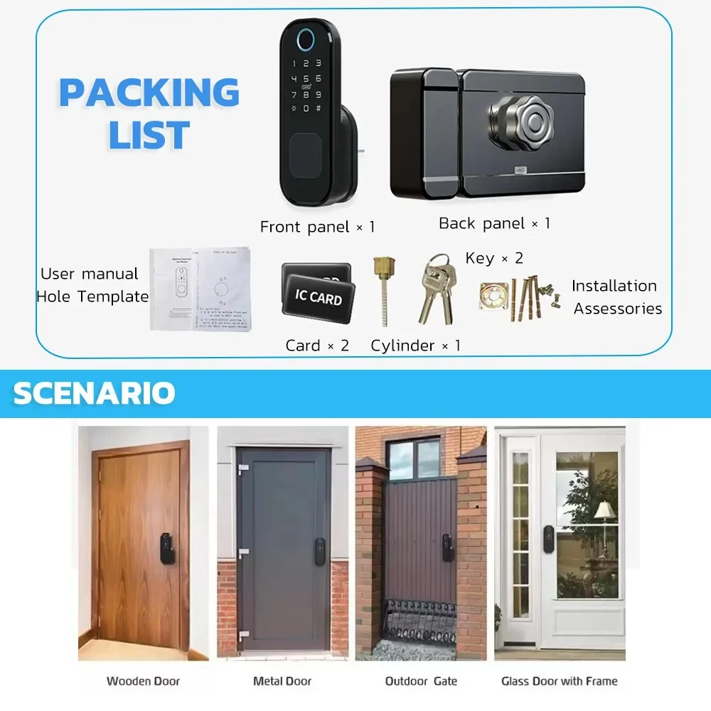 Fingerprint Waterproof Outdoor Garden Lock Remote Control TUYA WIFI App Code Keyless Smart Door Lock Electric Rim Lock