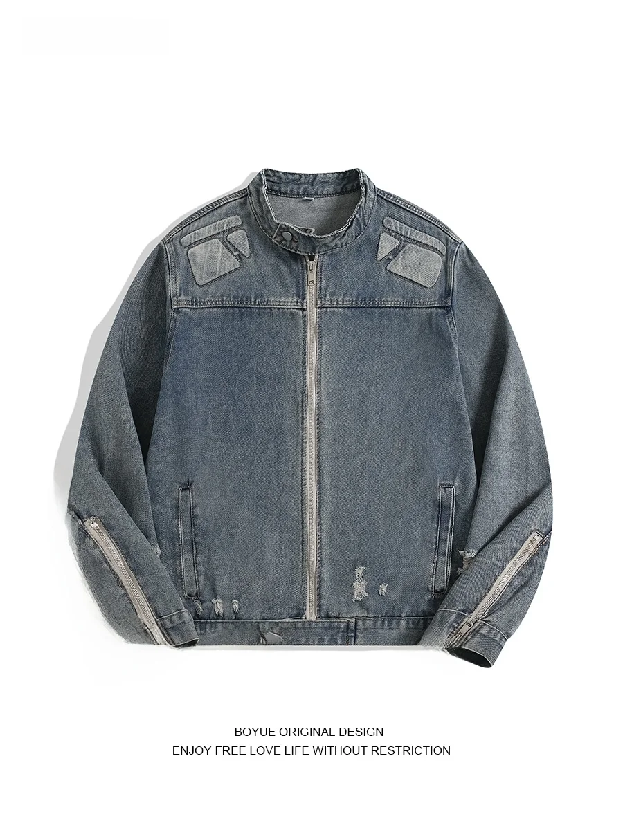 

Мужская джинсовая куртка Boyue в американском ретро-стиле, на молнии, с эффектом потертости, рабочая, персонализированная, удлиненная, однотонная