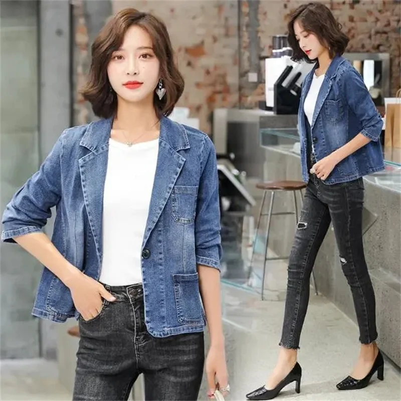 Spring Autumn New Vintage Suit collar Denim Jacket Women Pocket Jean Outwear Female Slim One Button Long Sleeve Cowboy Coat T415