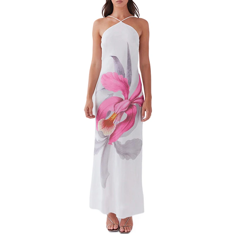 Abiti da donna Summer Floral Slim Maxi Dresses Ladies Backless Halter Neck abiti Sexy 2024 Beach Holiday Party Dresses