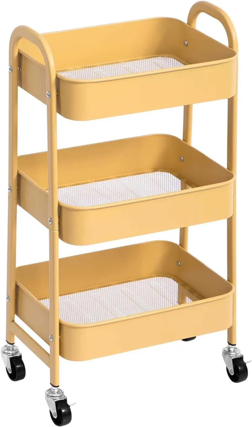 

Подвижная тележка-органайзер на колесиках, 3-уровневая металлическая тележка цвета хаки желтого цвета для макияжа и хранения