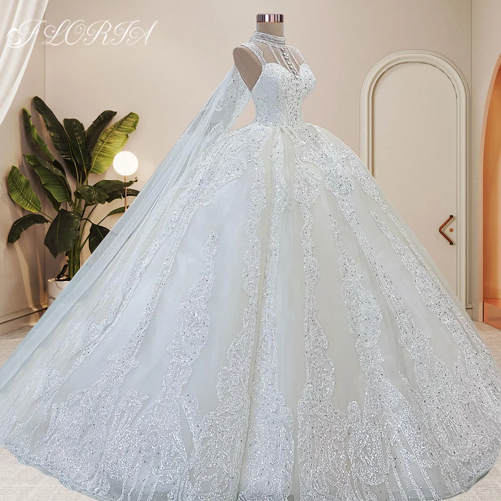 

2023 Sexy Exquisite High Neck Ball Gown Wedding Dress Sparkly Crystal Appliques Sleeveless Veil Beading Bridal Gown For Women