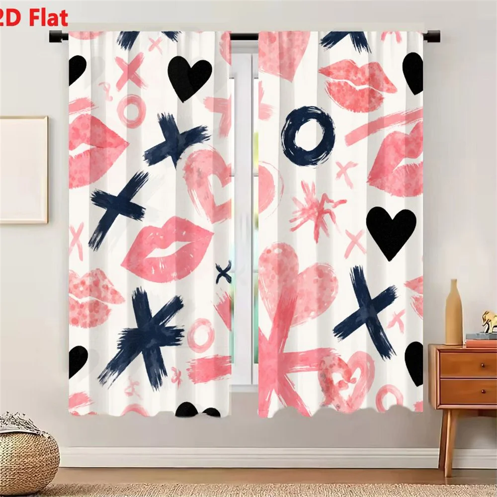 2Pcs Curtains 2D Flat Seamless Pattern Light Off-White Background With Playful Hand-Drawn Hearts Kisses X O Stars Circles In Pin
