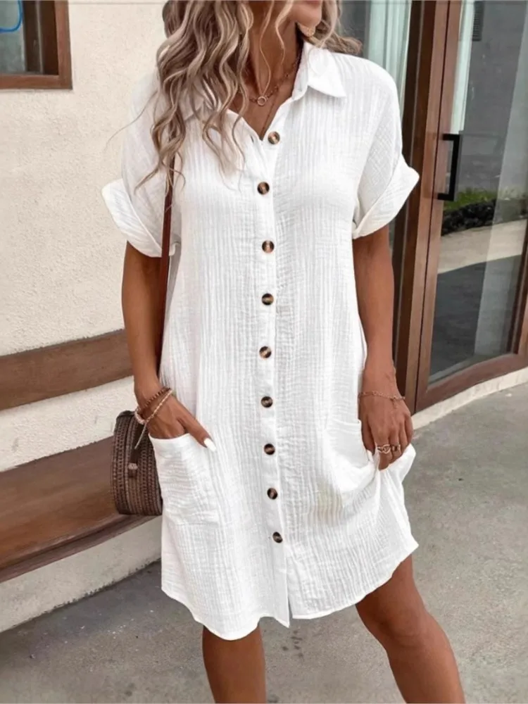 

Casuall Loose Shirt Dresses Ladies Vestidos Summer Fashion Turn-down Collar Short Sleeve Line Cotton Solid Color Women Dress