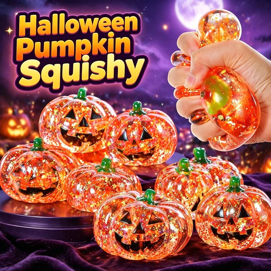 Cute Halloween Pumpkin Squishy Maltose Toy Soft Sequins Glitter Slow Rising Stress Relief Squeeze Ball Party Favors Novelty Gift