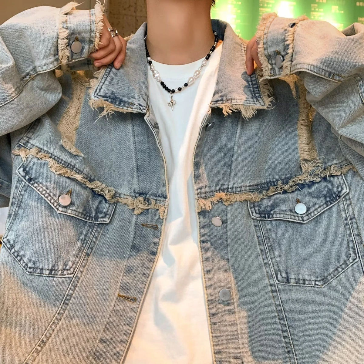 

Cleanfit Retro Waed Denim Jaet ex Spring Autumn Sle Trendy Streetwear Vintage Faded Hemline Coat for Youth