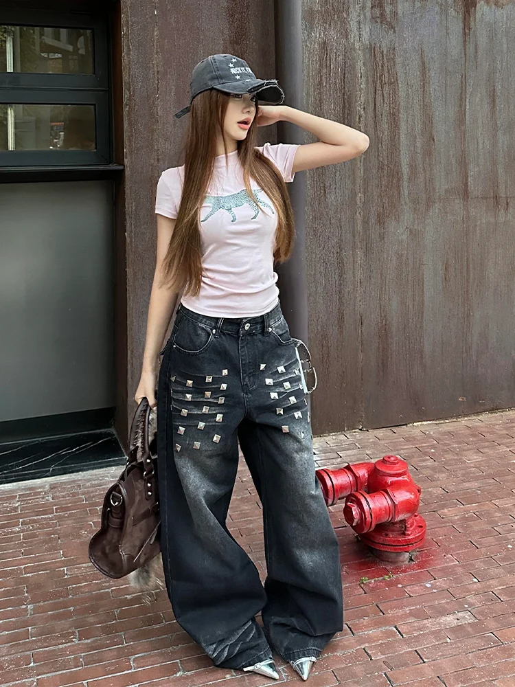 

Ретро-джинсы больших размеров для женщин: свободные, повседневные, универсальные, модные, с высокой талией, прямые, джинсовые, с заклепками