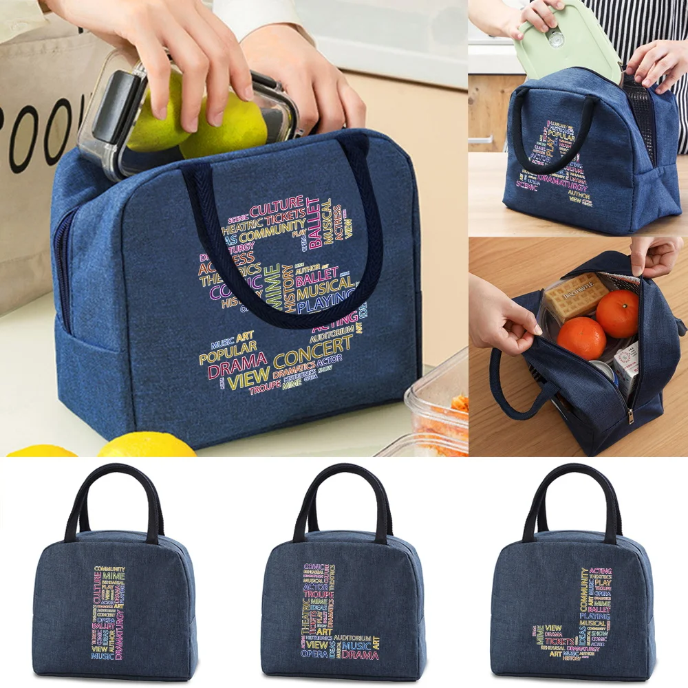 Lunch Bags Women Food Insulated Cooler Canvas Tote Bag Travel Camping Thermal Lunch Box Text Letter Print Zipper Storage Handbag