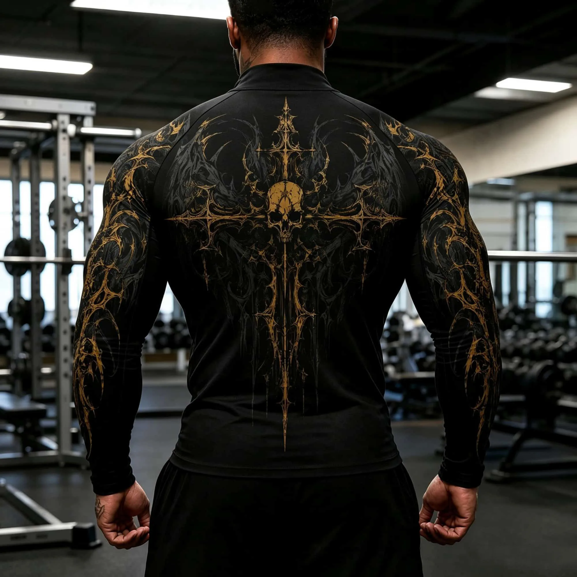 Amerikanisches Street-Style Schnelltrocknendes Sportliches Herren-Langarmshirt mit Stehkragen, dunklem Gothic-Engel-Print, hautengesportliches Oberteil für das Fitnessstudio. – Detail 5