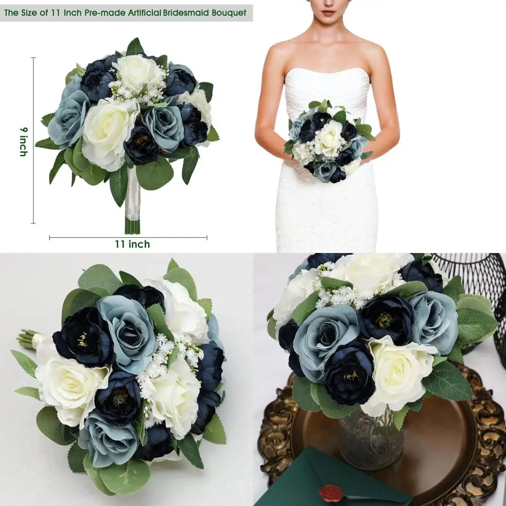 

6-Piece Navy & Dusty Blue Silk Bouquets, 11 Round Artificial Flowers for Wedding Decor