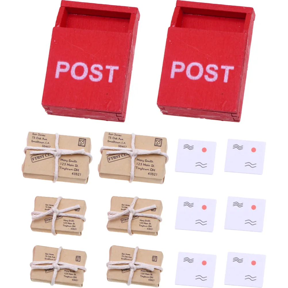 

2Sets Miniature Mailbox and Parcels Decor Set for Dollhouse Decoration Natural Wood Paper Craft Lightweight Realistic Home Mini