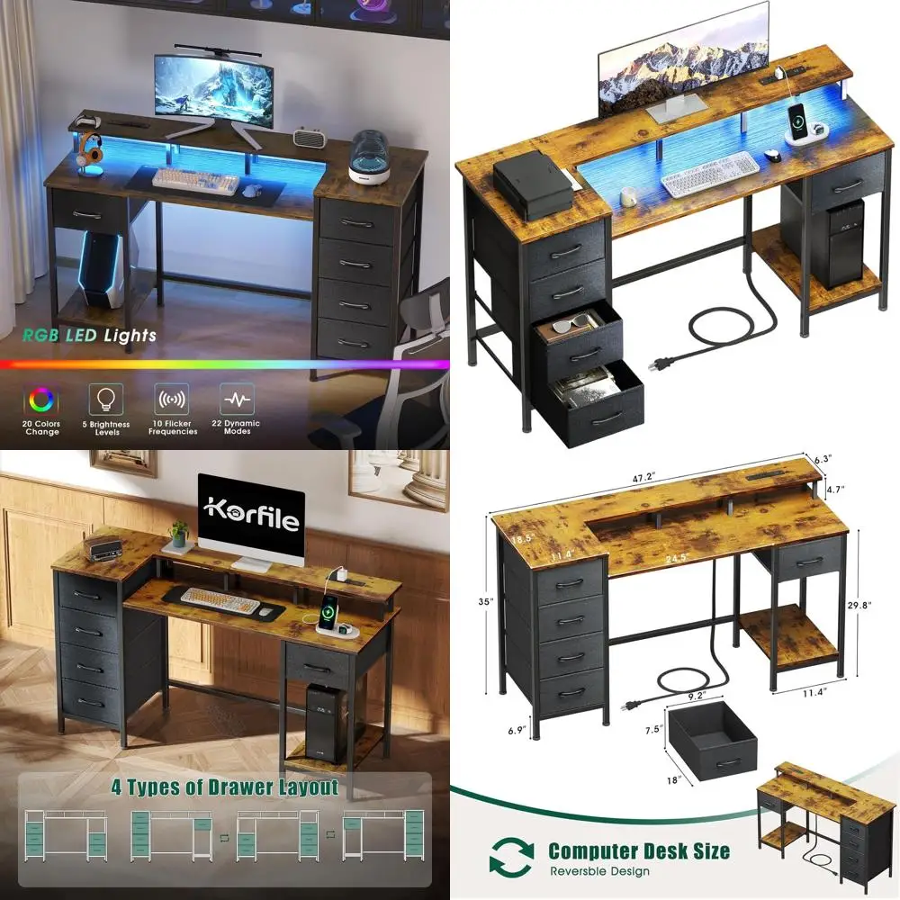 

47 Gaming Desk with Power Outlets, LED Lights, Adjustable Fabric Drawers for Home Office, Study, Writing in Rustic Brown