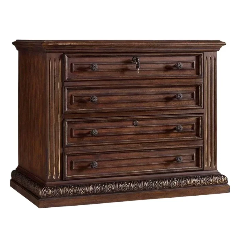 

Solid wood American antique old four-bucket locker, study retro carved file storage cabinet