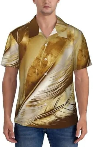 

Feather Print Men's Cuban Collar Short Sleeve Shirt,Beach Shirt and Casual Shirt for Any Occasion