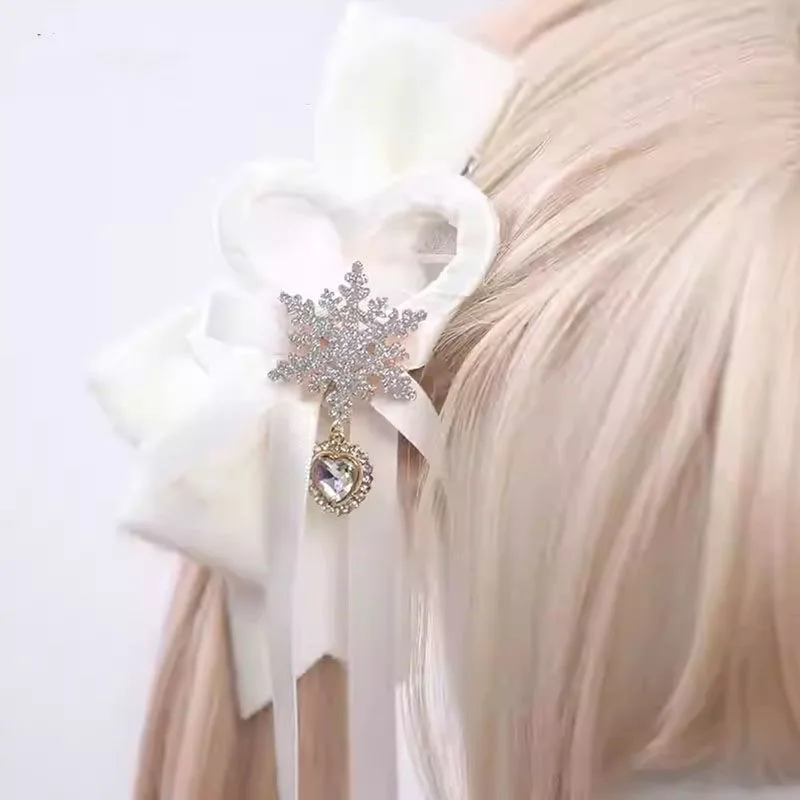 Oryginalne delikatne śliczne futrzane kulki nakrycia głowy kokardka dziewczyna Lolita biały śnieg Bowknot spinka do włosów Barrettes kobiece słodkie akcesoria — zdjęcie 4