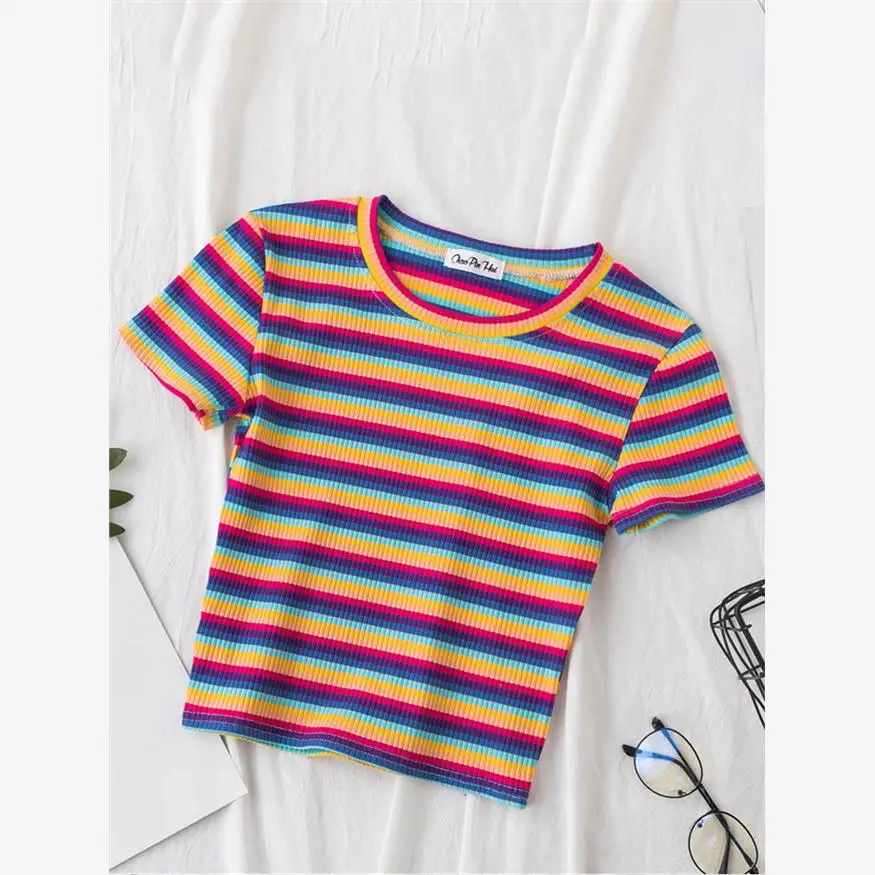 

Новая женская облегающая футболка в радужную полоску Hara, удобный модный топ без бренда для осеннего сезона