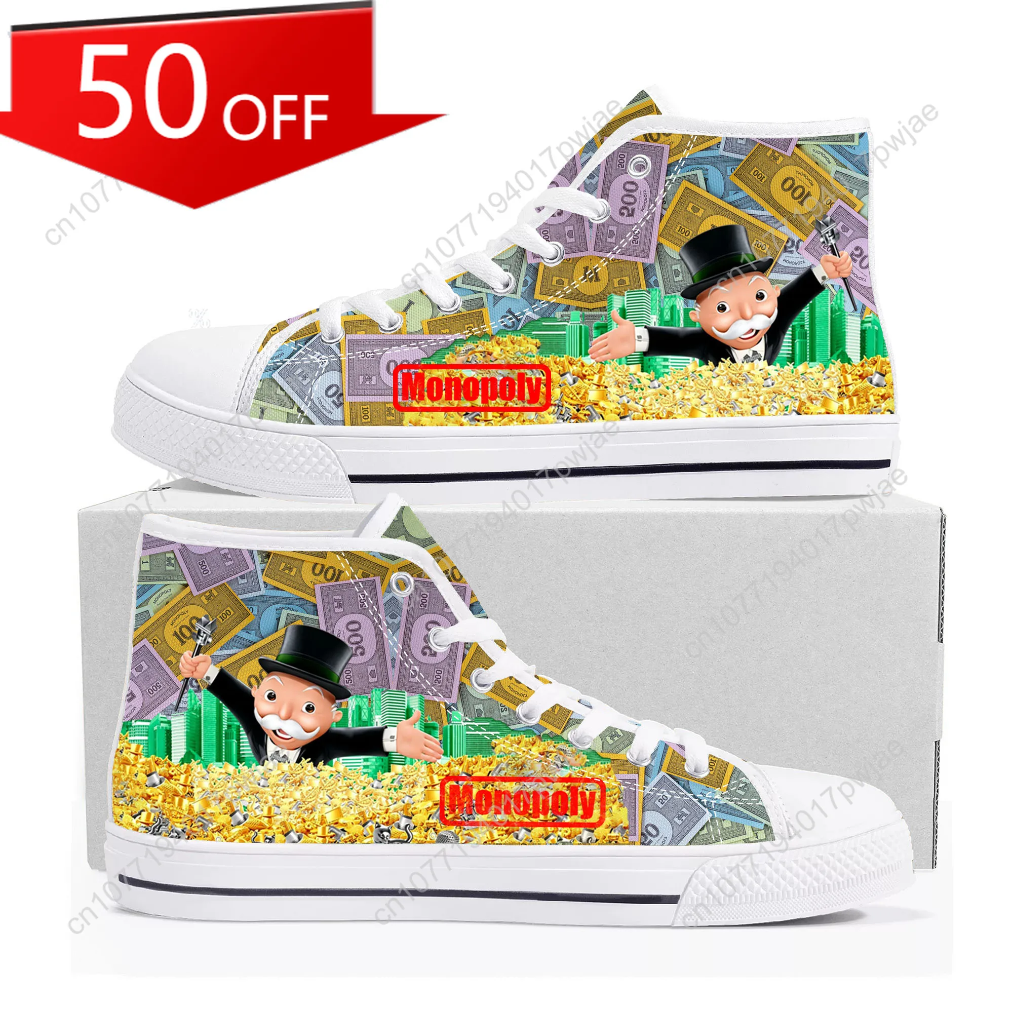 

Monopoly Millionaire Game Adult Version High Top Sneakers Mens Womens Teenager Lightweight Canvas Flat Casual Sneaker