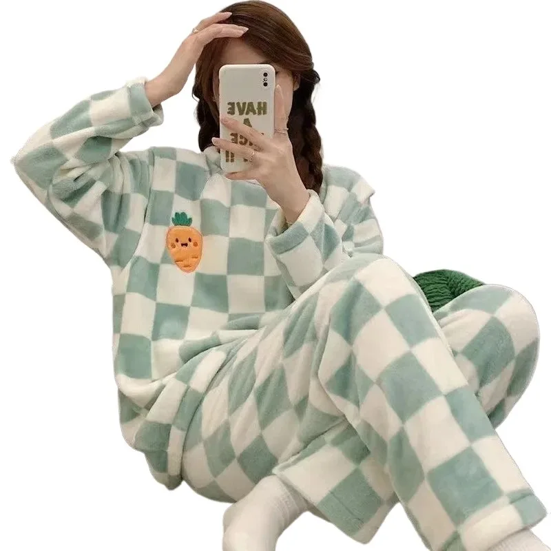 Pijamas quentes para o inverno engrossado plus size coral veludo pijamas feminino quente manga longa cor sólida calças xadrez casa terno se