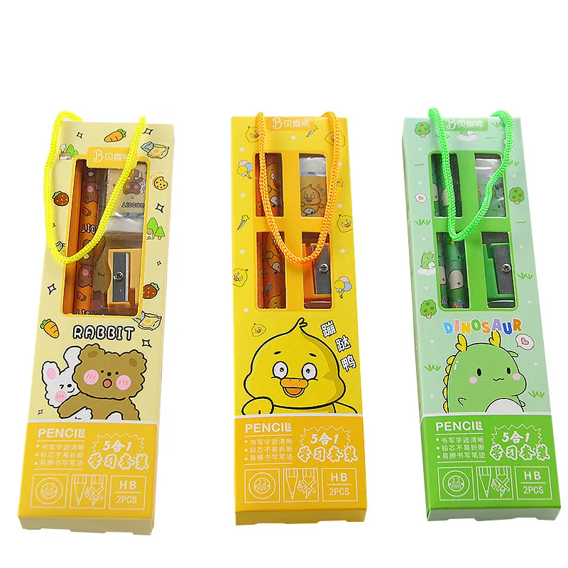 5Pcs/set Kawaii School Supplies Children's Pencils Cute Stationery Set Pencil Sharpener Erasers for Student Gift