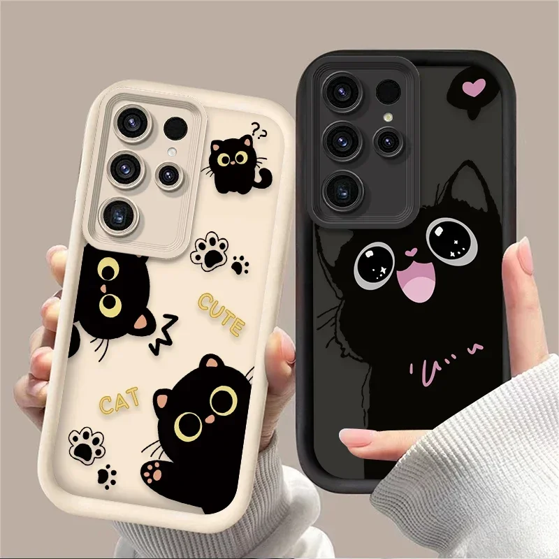 Lovely Black Cat love Heart Silicone Soft Phone Case for Samsung Galaxy S24 S23 S22 S21 Ultra Plus FE A54 A34 A14 A73 A53 A33 5G