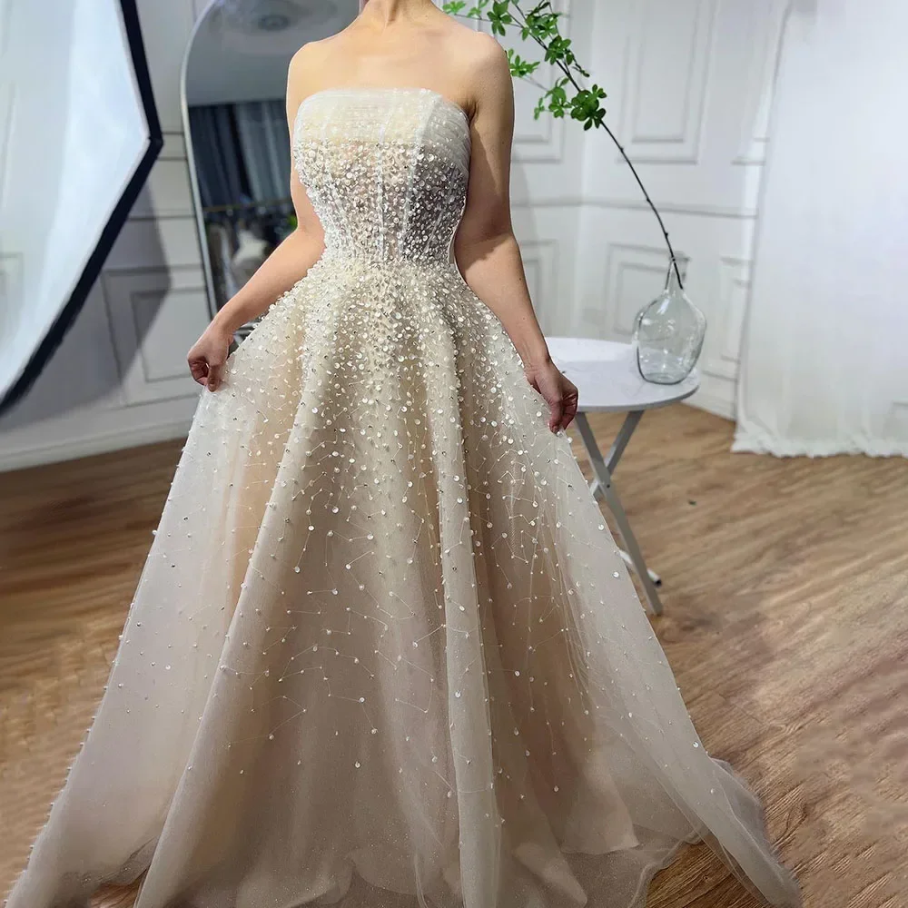 SILIWEYA Pearls Strpless Prom Dress Beige Beaded Elegant A Line Long Evening Dresses Gowns for Women Wedding Party 2024