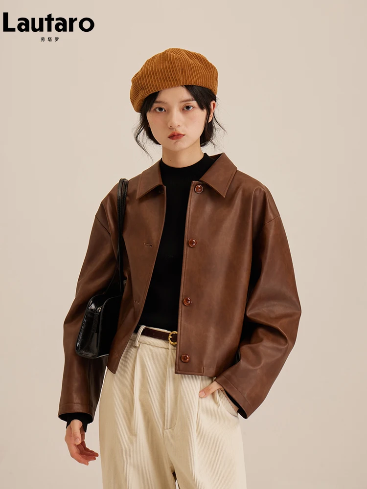 Lautaro-Veste en cuir PU à manches longues pour femme, marron, marron, adt, décontracté, court, doux, vintage, DistMurcia, vêtements de créateur de luxe, automne