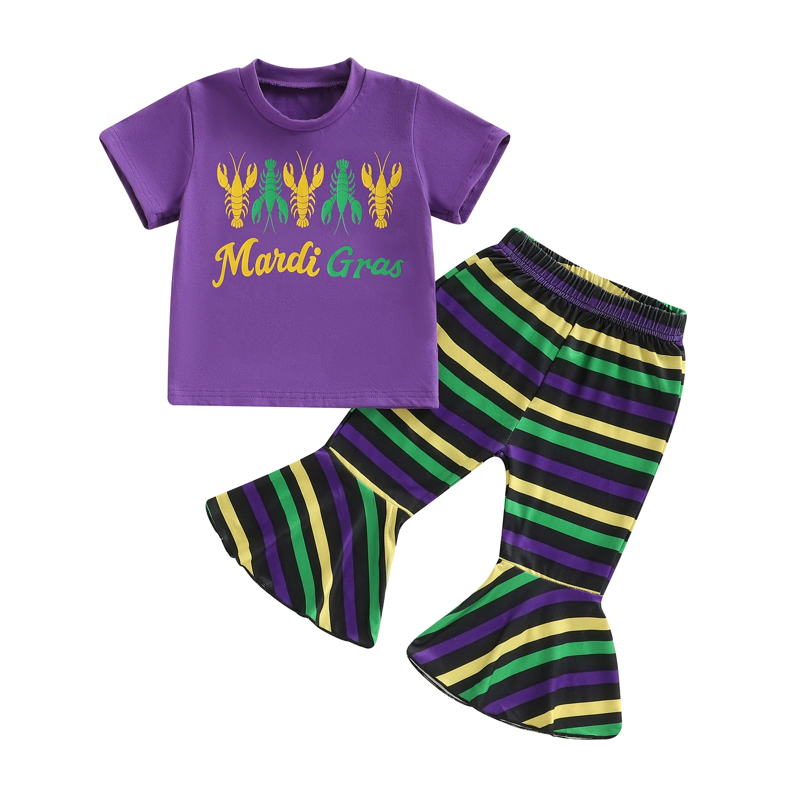 الأطفال طفلة Mardigras جراد البحر إلكتروني طباعة ملابس رسمية طفل القطن تي شيرتات قصيرة الاكمام مخطط مضيئة السراويل 2 قطعة مجموعة
